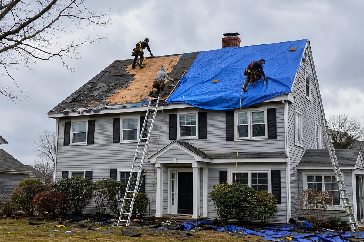 Powersol crew doing emergency roof repair on a Quincy MA home
