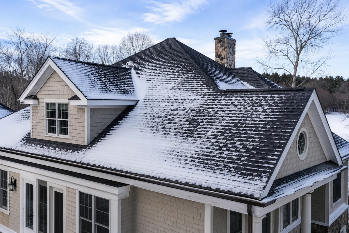 Architectural asphalt shingle roof in snow on a Massachusetts home
