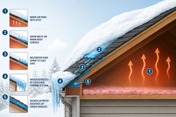 Diagram of how attic heat loss forms an ice dam at the roof edge