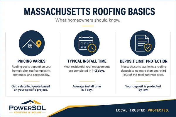 Massachusetts roof cost, install time, and deposit limit infographic