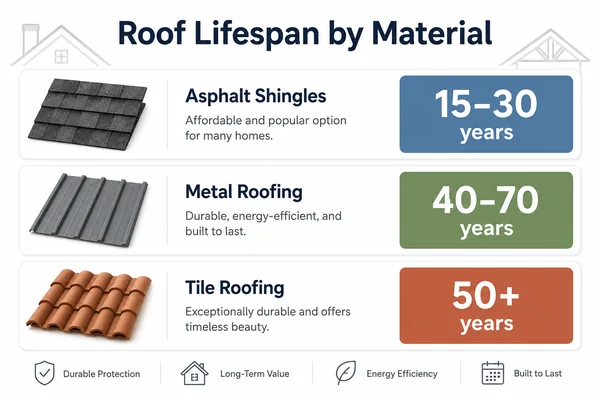 roof lifespan by material chart for asphalt, metal, and tile