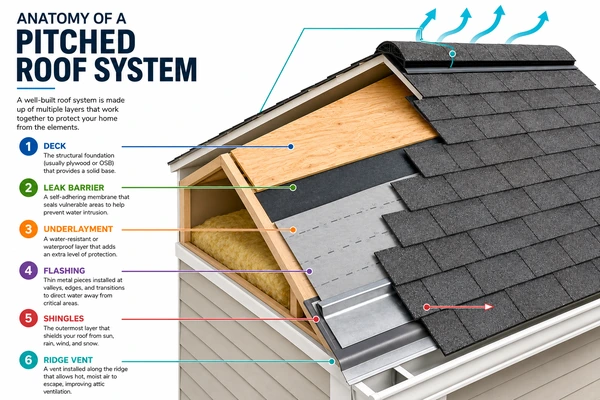 Diagram of a roof system: deck, underlayment, flashing, shingles, ridge vent