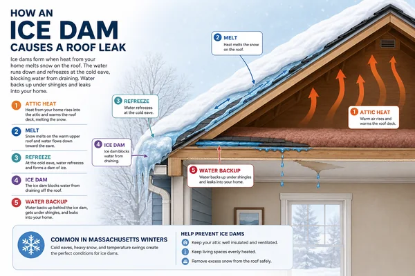 How an ice dam forms and causes a roof leak diagram