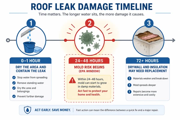 Roof leak damage timeline showing the 24 to 48 hour mold window