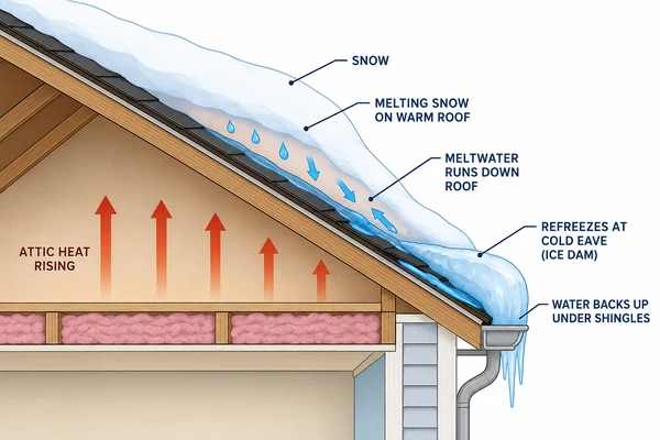How an ice dam forms and pushes water under roof shingles