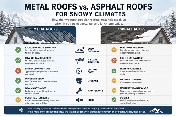Metal vs asphalt roof for snow comparison chart, cost and lifespan