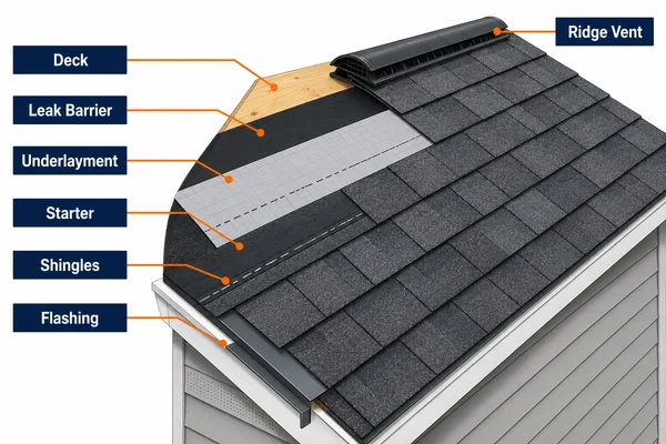 Layers of a full GAF roofing system labeled