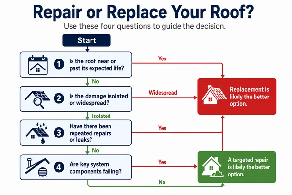 Repair or replace roof decision chart: age, damage, repairs, system