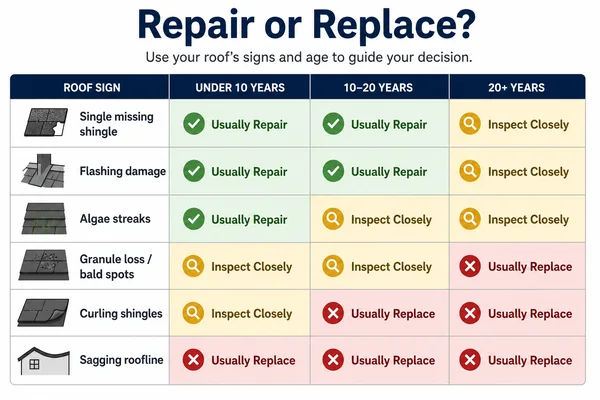repair or replace roof decision chart by sign and roof age