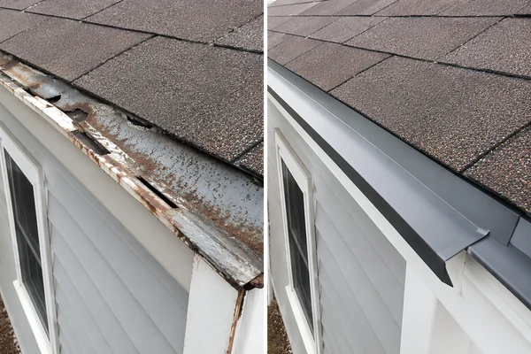 Before and after roof edge flashing replacement on a Massachusetts home