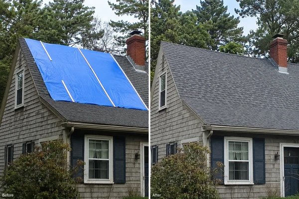 Before and after of emergency roof repair and permanent fix in MA