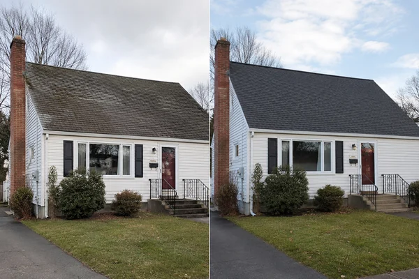 Before and after of a Powersol roof replacement in Taunton MA