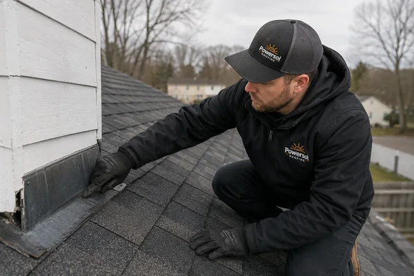 Powersol roofer inspecting flashing and shingles on a Massachusetts roof