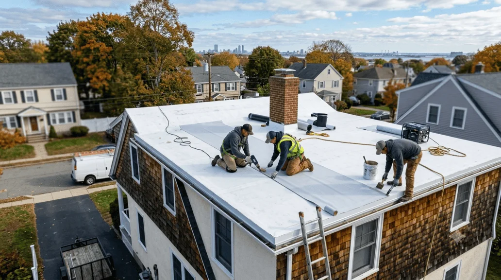 Flat and low-slope EPDM roofing on a Quincy MA building