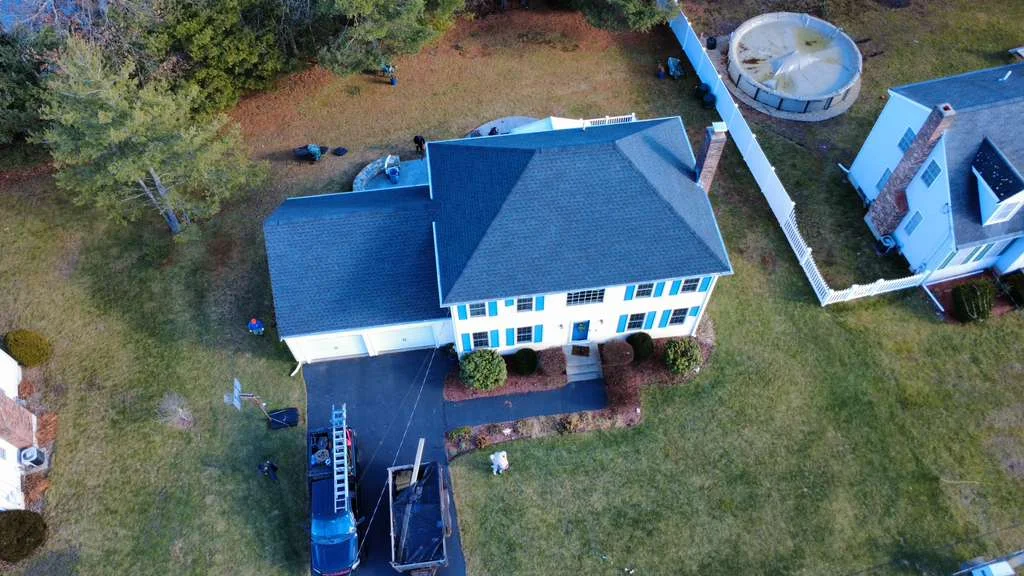 Drone photo of finished asphalt shingle roof on the South Shore MA