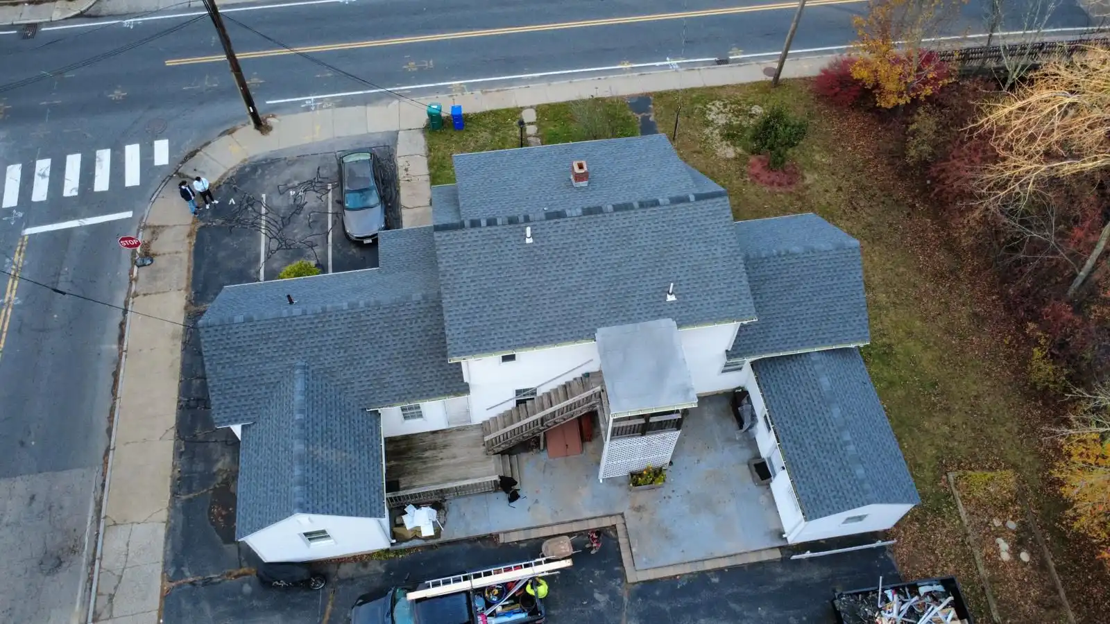 Aerial view of completed roof replacement in Quincy MA by Powersol Roofing
