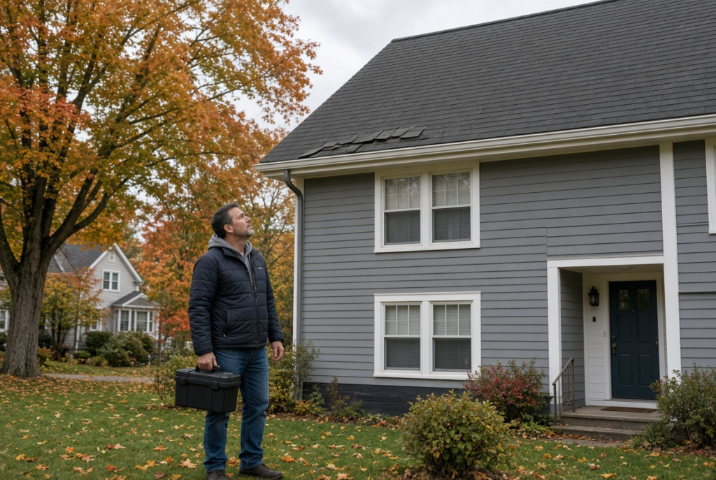 Homeowner inspecting asphalt roof damage on a Massachusetts house before attempting DIY roof repair