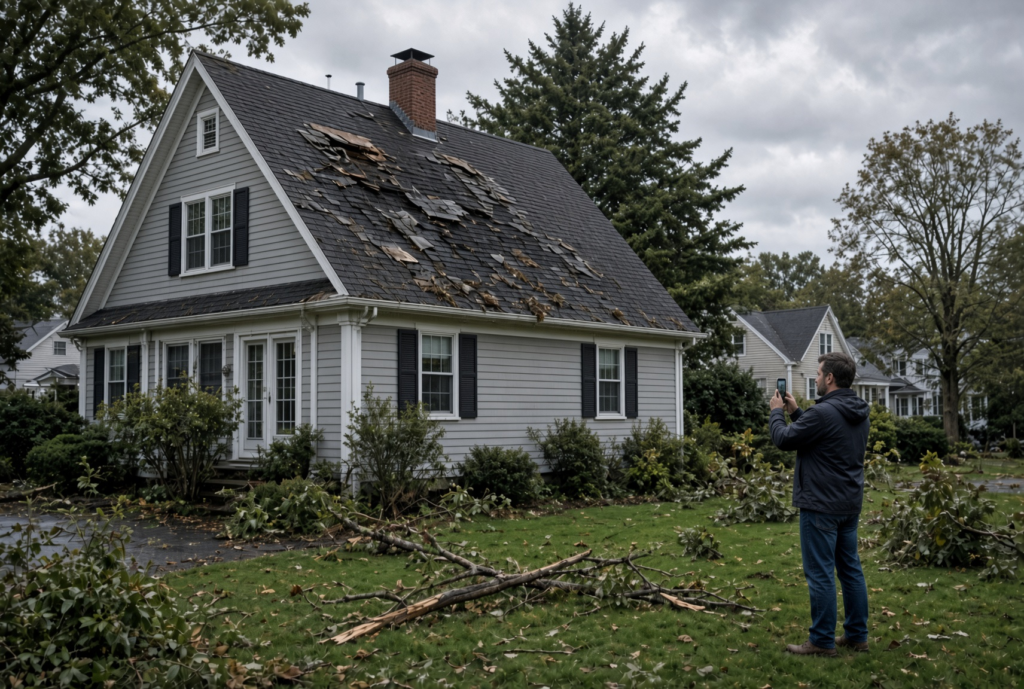 Homeowner documenting roof damage after a Massachusetts storm for an insurance claim