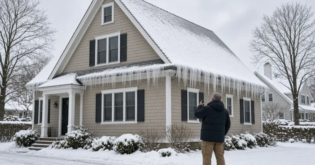 Ice dams forming along a Massachusetts home roof during winter snow conditions