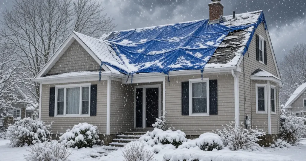 Home with a blue tarp covering damaged roof during a Massachusetts winter storm