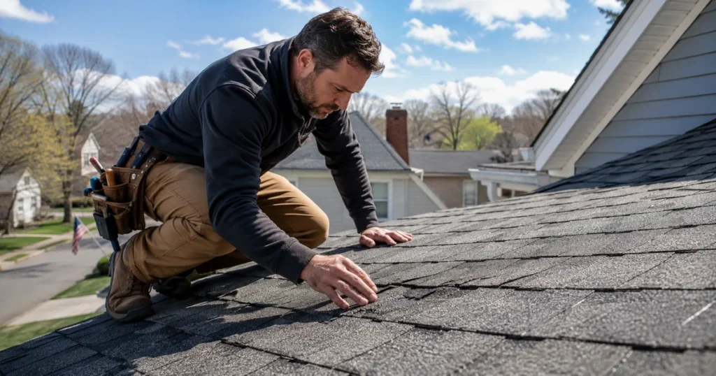 Roofer checking whether to repair part of a roof in Massachusetts
