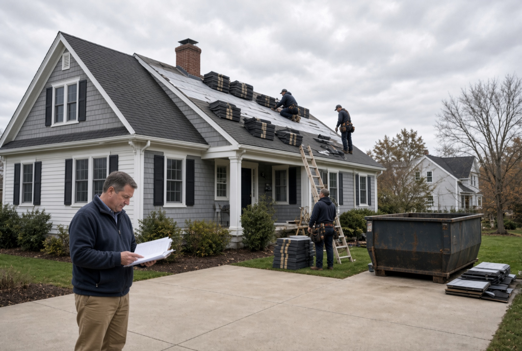 Homeowner preparing their Massachusetts home before a roof replacement with contractor materials outside