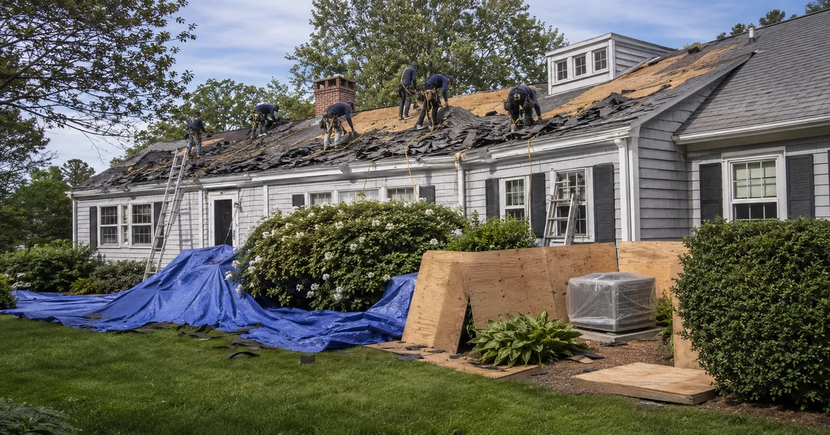 Powersol crew protecting landscaping during a roof replacement