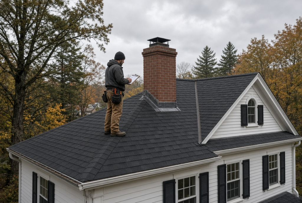 Roofer inspecting asphalt roof on a Massachusetts home before a house purchase