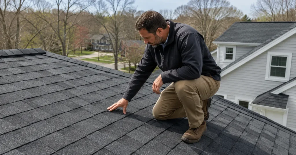 Powersol roofer inspecting an asphalt shingle roof in Massachusetts