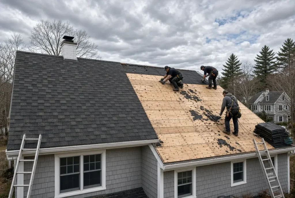 Roof overlay vs tear off comparison on a Massachusetts home showing old shingles and complete roof replacement