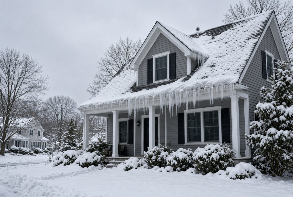 Signs of roof damage after snow and ice on a Massachusetts home