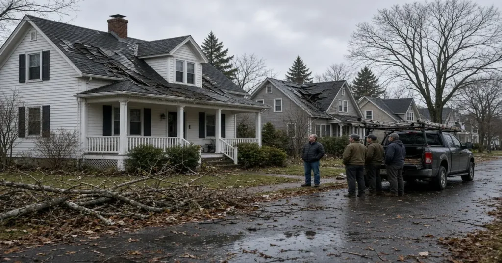 Storm chaser roofers inspecting storm damaged homes after a Massachusetts nor’easter