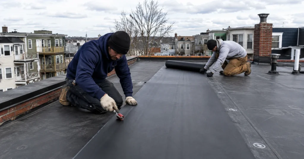 EPDM flat roof installation on a Quincy MA three-decker by Powersol Roofing