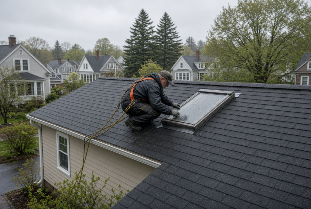 Leaking skylight on a Massachusetts home roof during heavy rain inspection