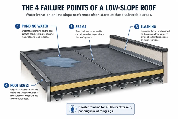 Diagram of the four places flat roofs leak: ponding, seams, flashing, edges