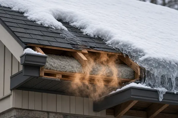 Roof cross section showing attic heat causing snow melt and ice dam formation