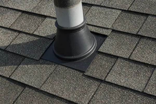 Close-up view of plumbing vent pipe boot flashing on asphalt shingles