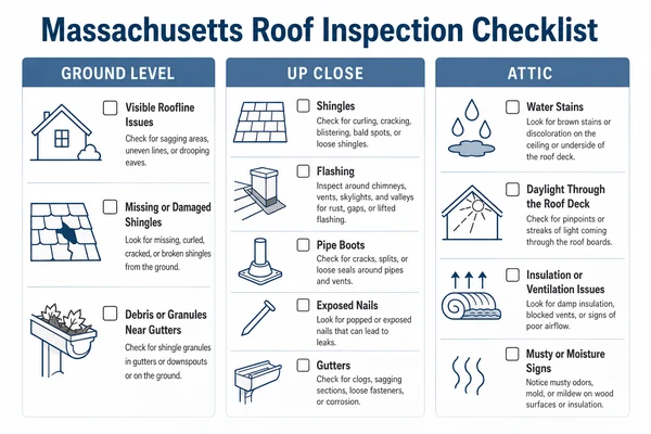 Massachusetts roof inspection checklist infographic, ground to attic