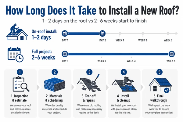 Roof install takes 1-2 days; full project runs 2-6 weeks