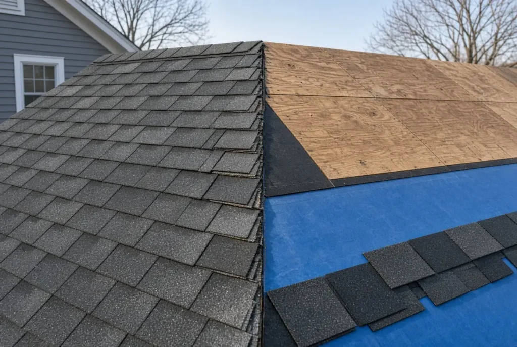 Roof overlay and roof replacement cross section showing shingles over old roof versus exposed decking