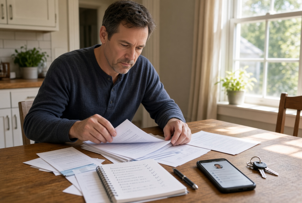 Homeowner reviewing roof replacement preparation checklist before construction begins