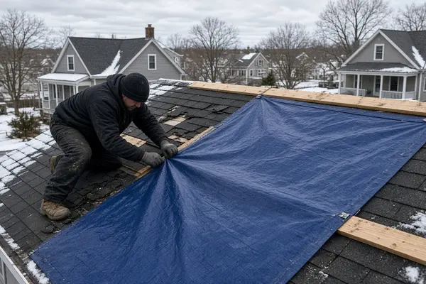 Roof tarp installed over damaged shingles to prevent water intrusion