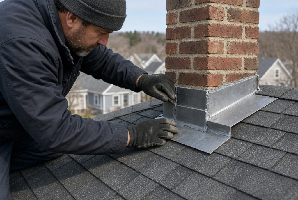 Roofer inspecting chimney flashing during a roof inspection on a Massachusetts home