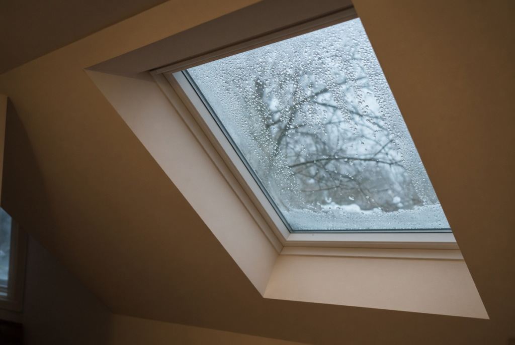 Condensation forming on the inside of a skylight window during a cold Massachusetts morning