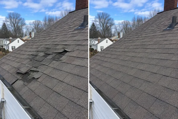 Before and after of a section roof repair on a Worcester MA home