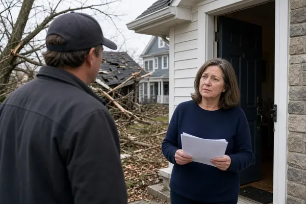 Roofing contractor approaching a Massachusetts homeowner after a storm inspection