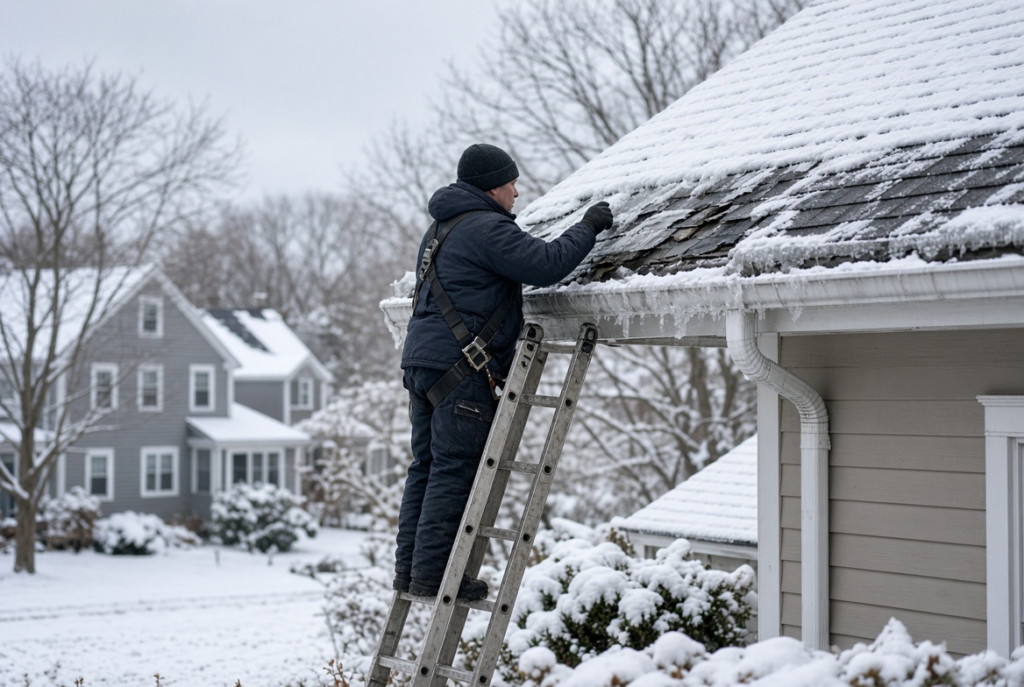 Roofer inspecting winter roof damage after snow and ice storm