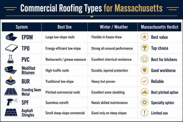 Chart ranking 8 commercial roofing types for the Massachusetts climate
