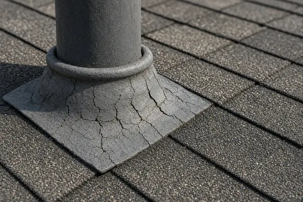 Cracked rubber pipe boot damaged by UV exposure on roof
