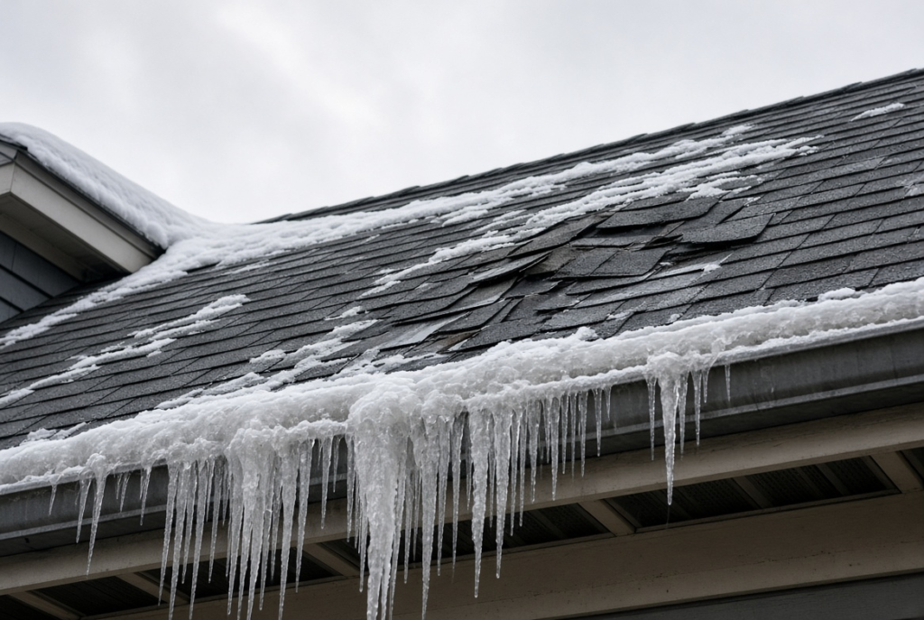Ice dam buildup and missing shingles after Massachusetts snowstorm